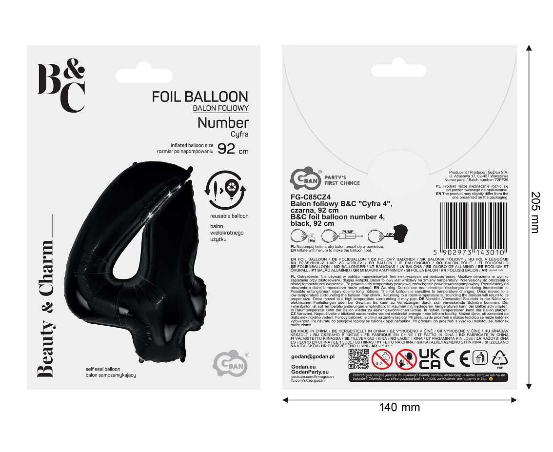 Balon foliowy B&C Cyfra 4 czarna, 92 cm AA